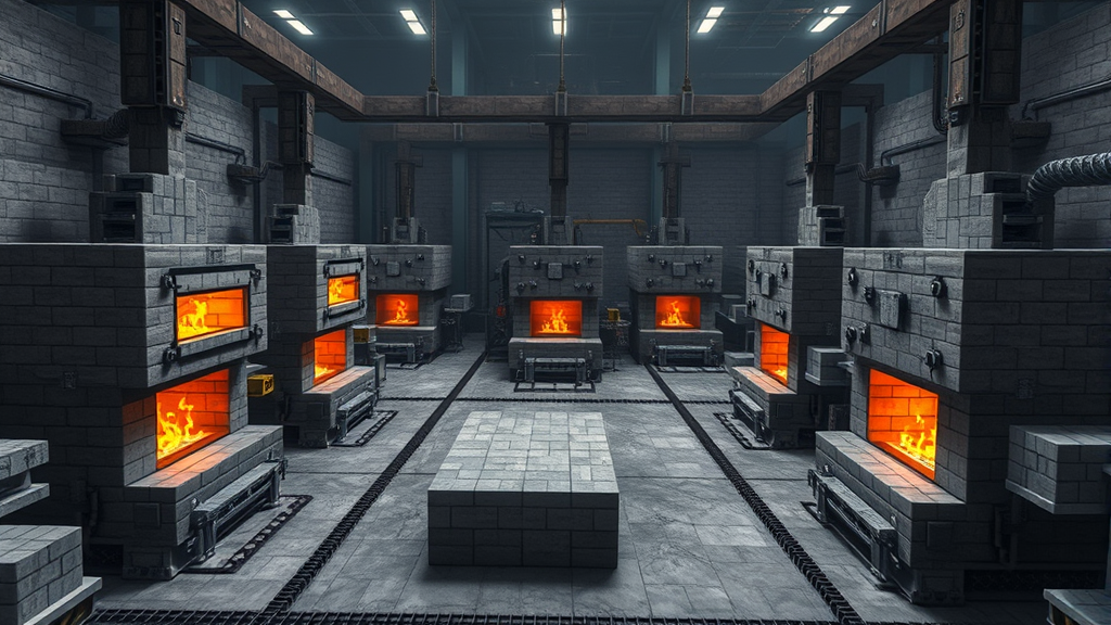 Multiple Minecraft furnaces arranged in organized production facility, industrial automation setup, stone processing, no text no words no letters