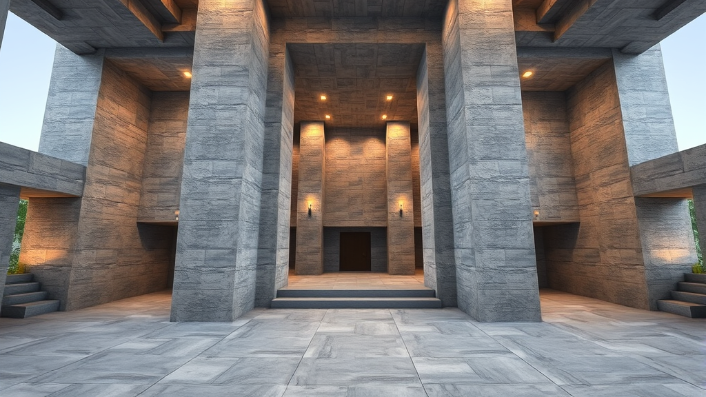 Elegant Minecraft building featuring smooth stone walls and floors, modern architectural design, polished stone surfaces, no text no words no letters