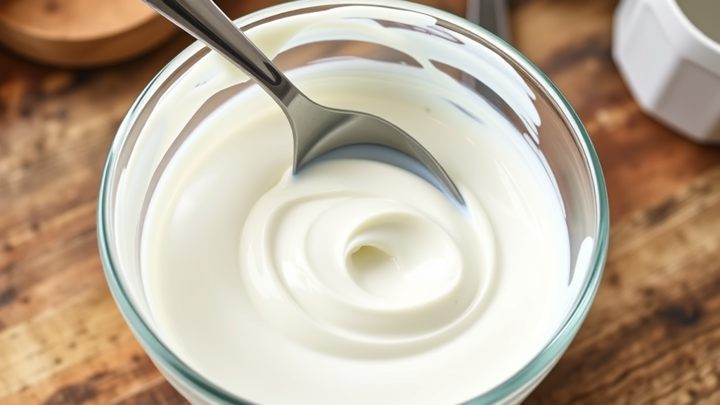 Fresh white cream swirling in glass bowl with wooden spoon, rustic kitchen background, natural lighting, no text no words no letters