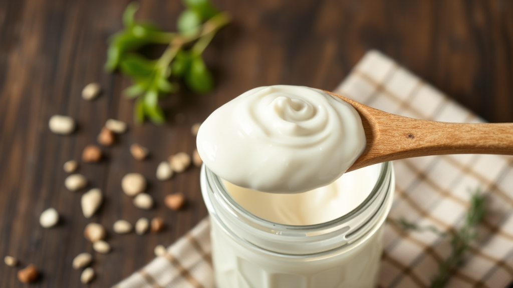 Thick creamy white sour cream dolloped on wooden spoon above glass jar, herbs scattered nearby, no text no words no letters