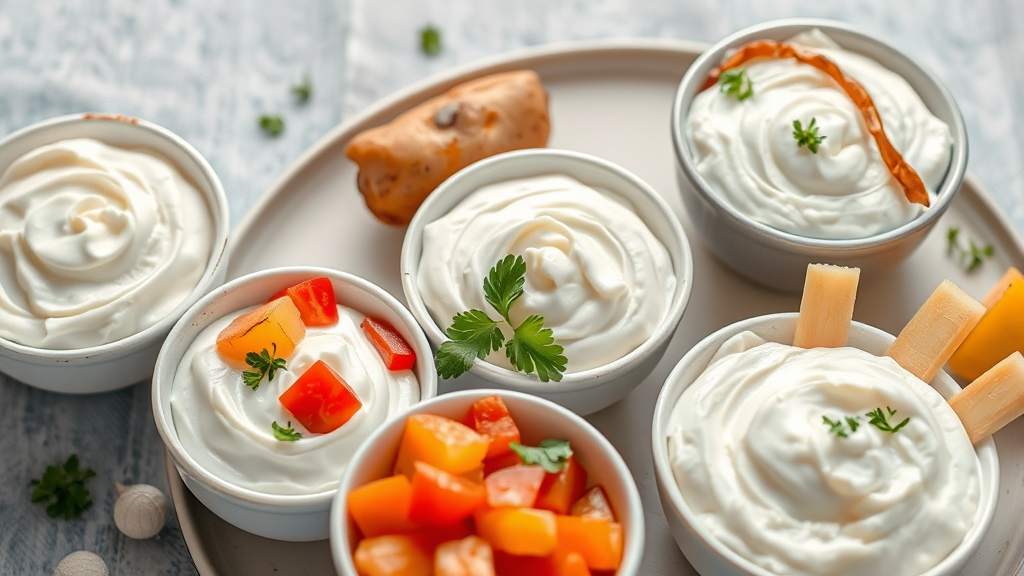 Homemade sour cream in small bowls with fresh vegetables, baked potato, cooking ingredients arranged artistically, no text no words no letters