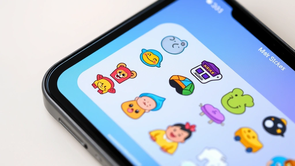 Close-up of iPhone screen showing Messages app with colorful sticker panel open, displaying various custom sticker options with transparent backgrounds