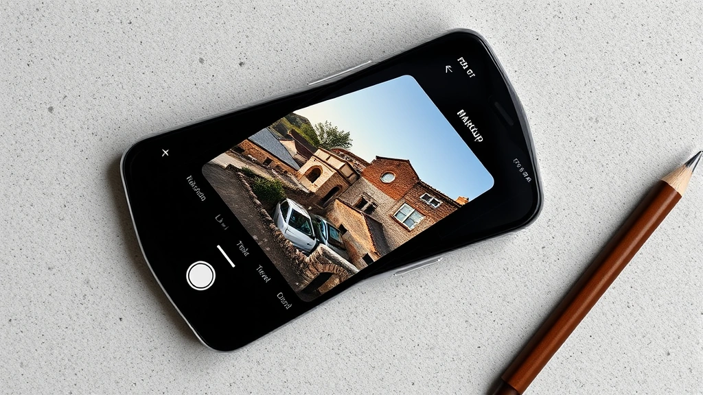Overhead flat lay of iPhone displaying Photos app in edit mode with Markup tools visible, showing drawing and text annotation options
