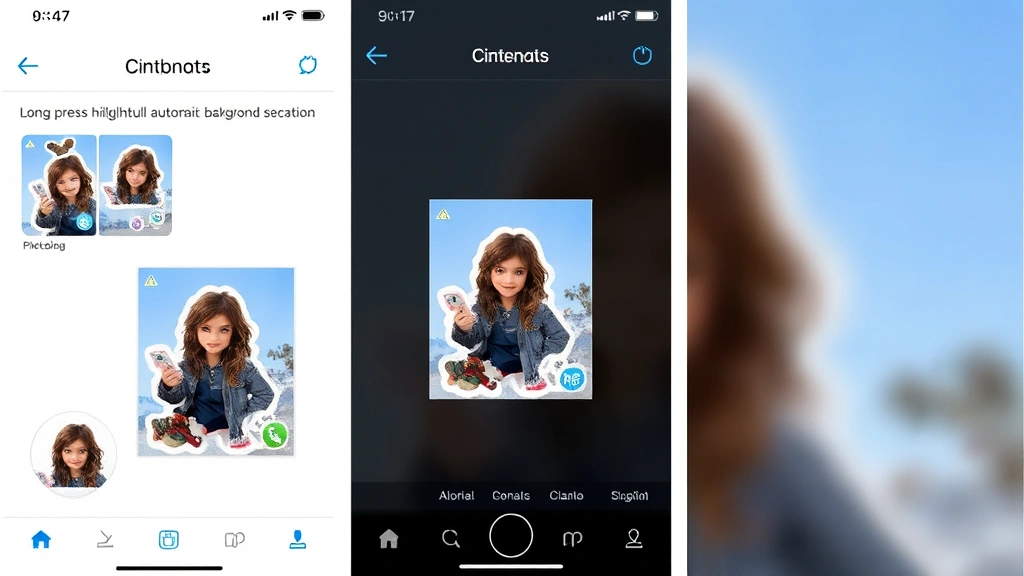 iPhone screen showing sticker creation interface with long-press gesture highlighting a subject in a photo, automatic background separation visible