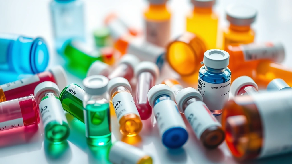 Close-up of colorful prescription bottles and medical vials arranged on a white surface with soft natural lighting, clinical aesthetic