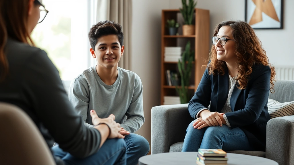 Young person in counseling session with professional therapist in comfortable office setting, showing supportive conversation and mental health support