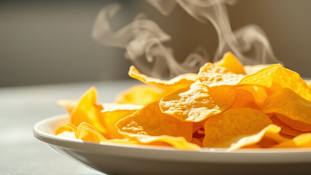 Golden-brown crispy corn tortilla chips piled on a white ceramic plate with warm steam rising, artfully arranged in natural daylight