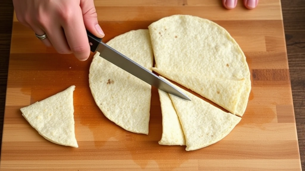 Hands using a sharp knife to cut fresh corn tortillas into triangular wedges on a wooden cutting board, showing the cutting technique clearly