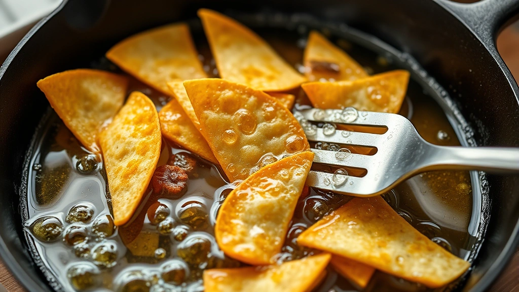Tortilla chip wedges sizzling in hot golden oil in a cast iron skillet, with bubbles forming around the chips and a slotted spoon visible nearby