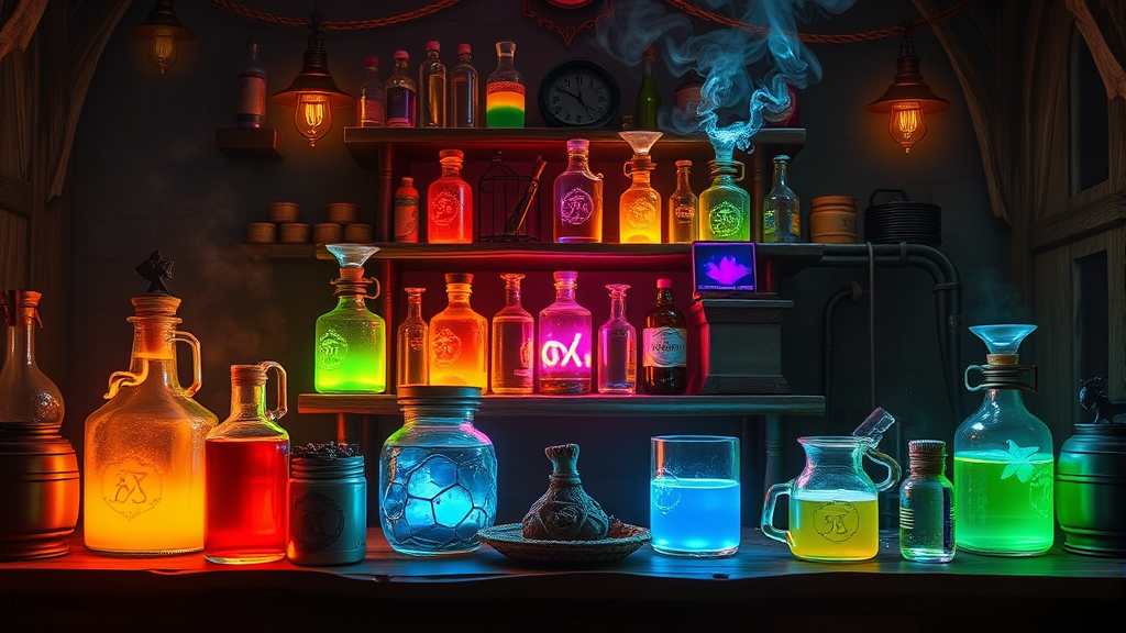 Mystical brewing stand with glowing potions and magical ingredients arranged in fantasy laboratory setting no text no words no letters