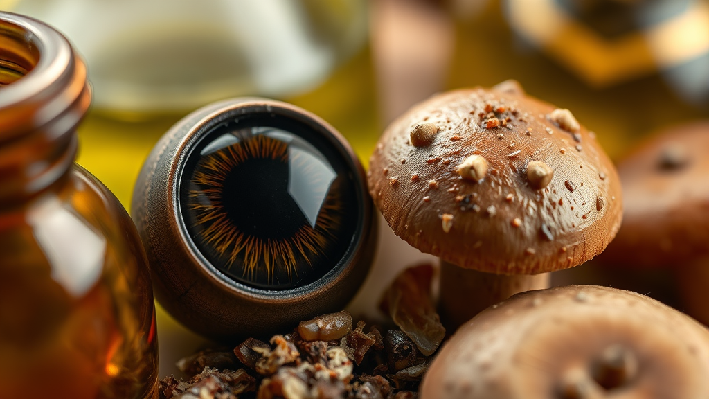 Detailed close-up of weakness potion ingredients including spider eye brown mushroom and brewing components no text no words no letters