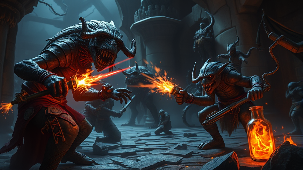 Strategic combat scene showing weakness potion effects on hostile creatures in dark dungeon environment no text no words no letters