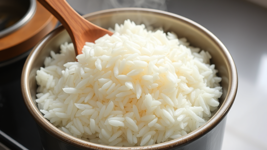 Steaming bowl of perfectly cooked white rice with individual fluffy grains, wooden spoon, clean kitchen setting, no text no words no letters