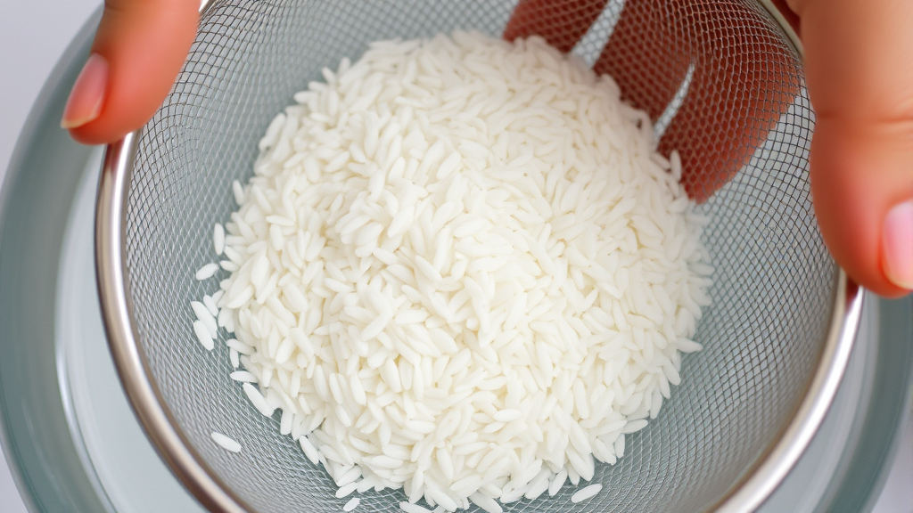 Raw white rice grains being rinsed in clear water through fine mesh strainer, hands washing rice, clean preparation, no text no words no letters