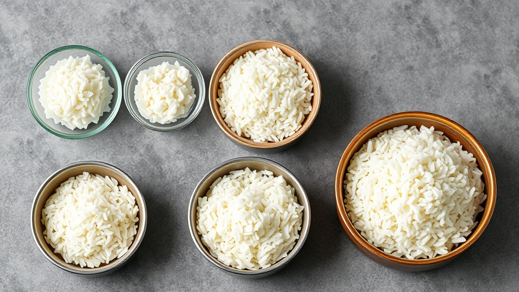 Multiple bowls showing different rice cooking stages from raw to perfectly cooked fluffy white rice, cooking process, no text no words no letters