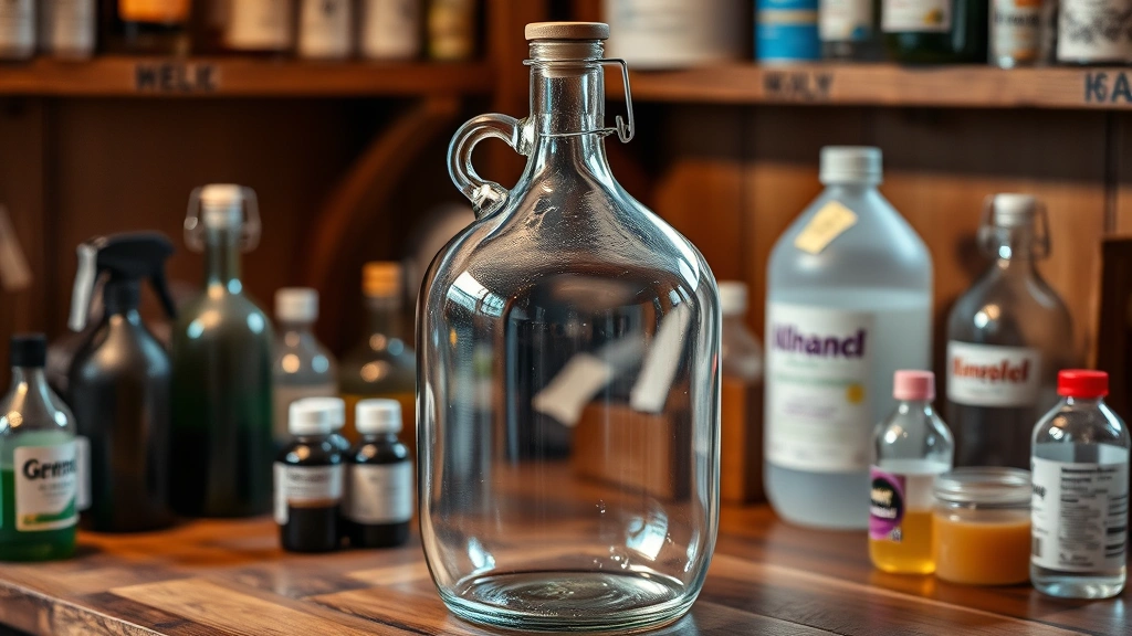 Glass carboy with airlock and rubber bung sitting on wooden table, surrounded by bottles and sanitizing supplies, warm lighting