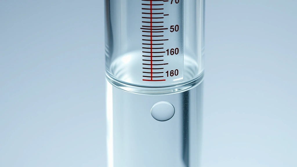 Close-up of hydrometer floating in clear must liquid inside glass test tube with numerical scale visible