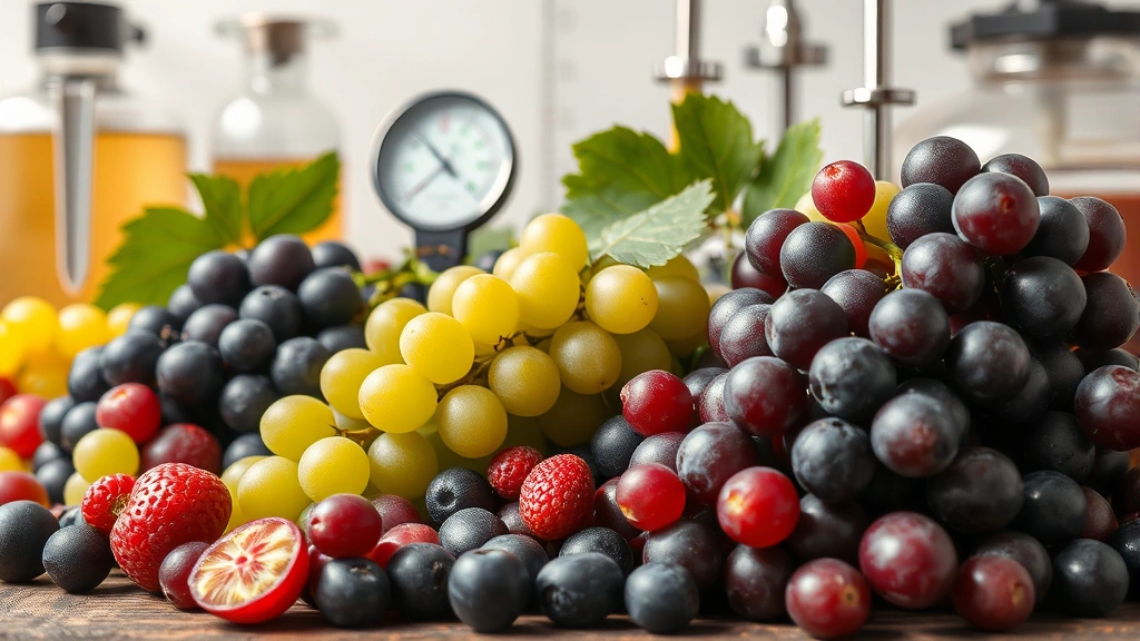 Fresh grapes and berries arranged artfully with hydrometer, measuring tools, and fermentation equipment in background