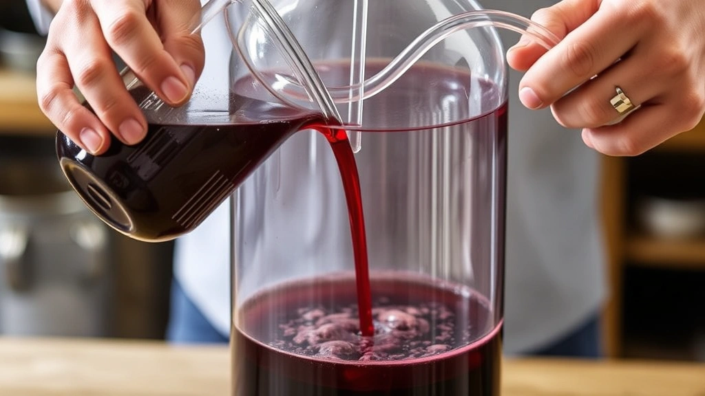 Hands carefully siphoning wine from full carboy to clean carboy using clear tubing, showing sediment layer at bottom of source vessel