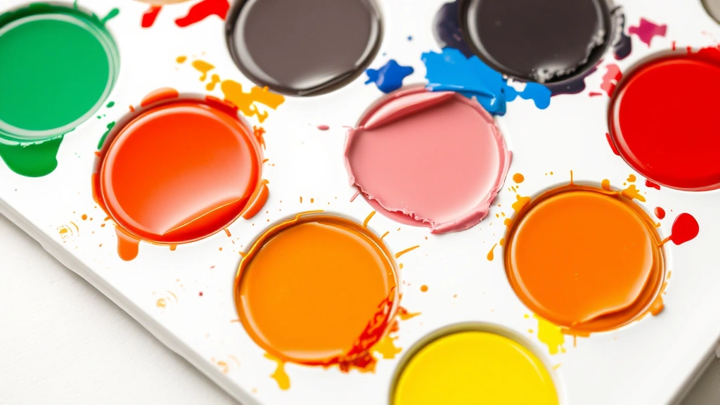 Close-up of vibrant primary color pigments and paint swatches arranged in an organized palette on a clean white artist's workspace