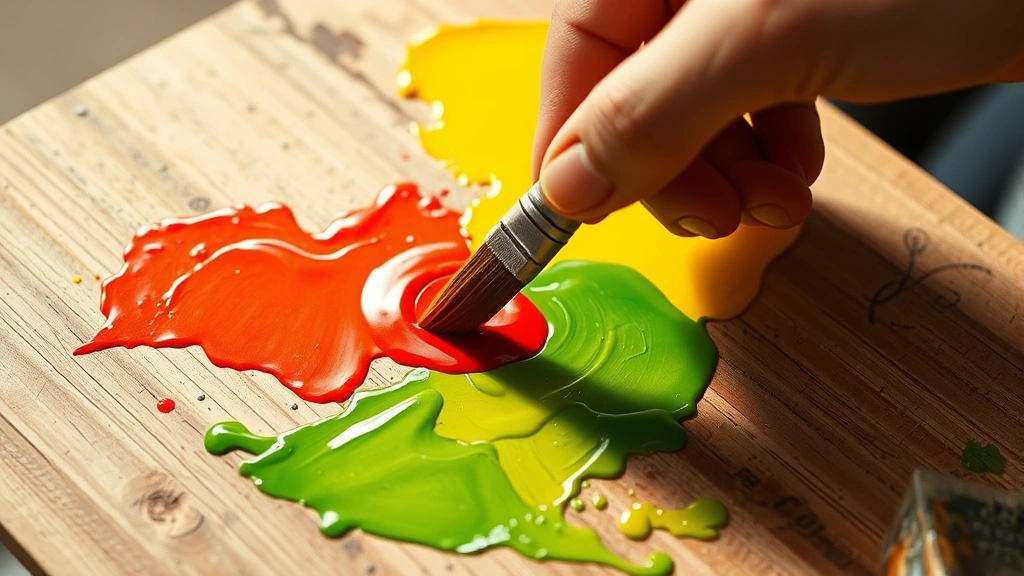 Artist's hand mixing red and green paint together with a brush on a wooden palette, creating yellow tones with natural lighting