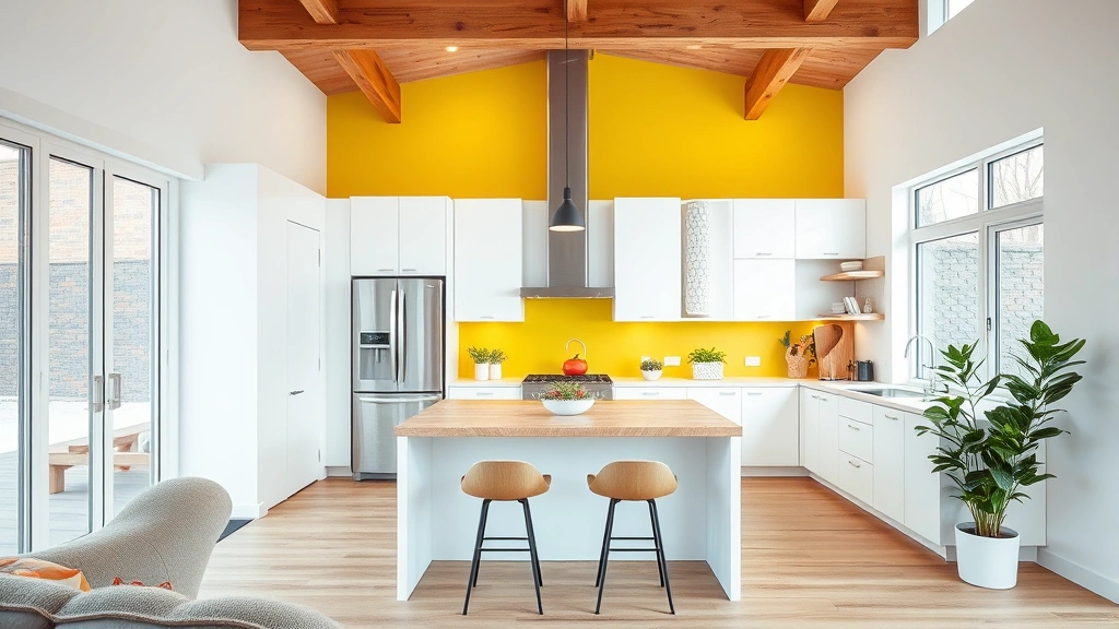 Modern home interior showing a bright yellow accent wall in a contemporary kitchen with white cabinets and natural wood elements