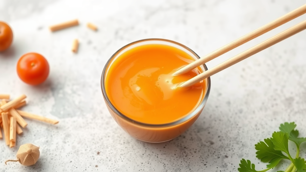 Creamy orange sauce in small bowl with chopsticks and hibachi ingredients, no text no words no letters