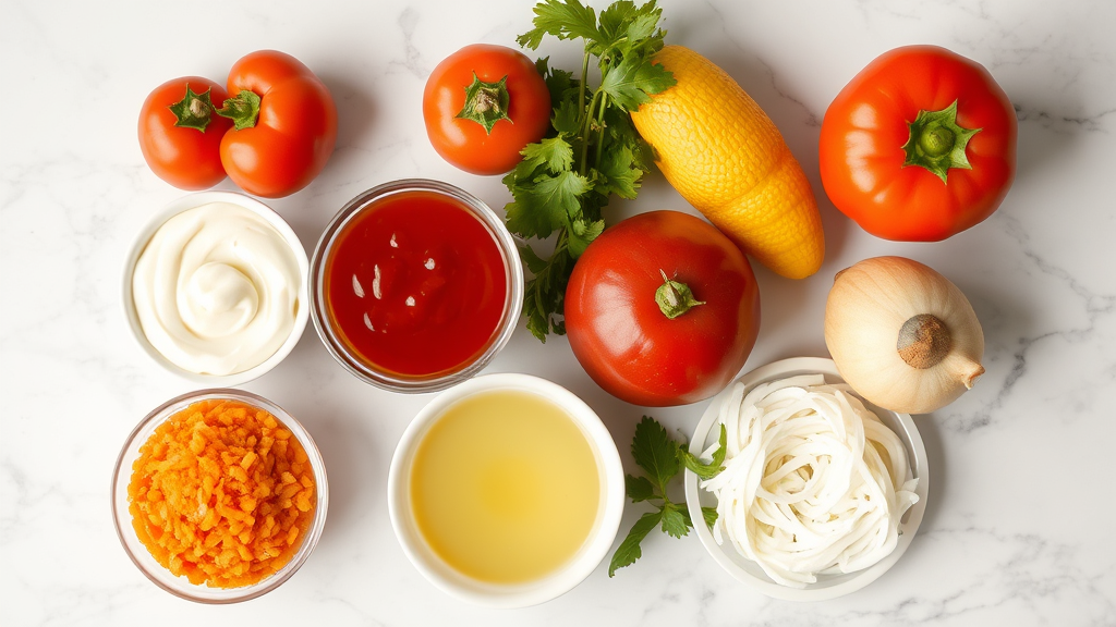 Fresh ingredients for yum yum sauce arranged on marble counter, mayonnaise ketchup vinegar, no text no words no letters