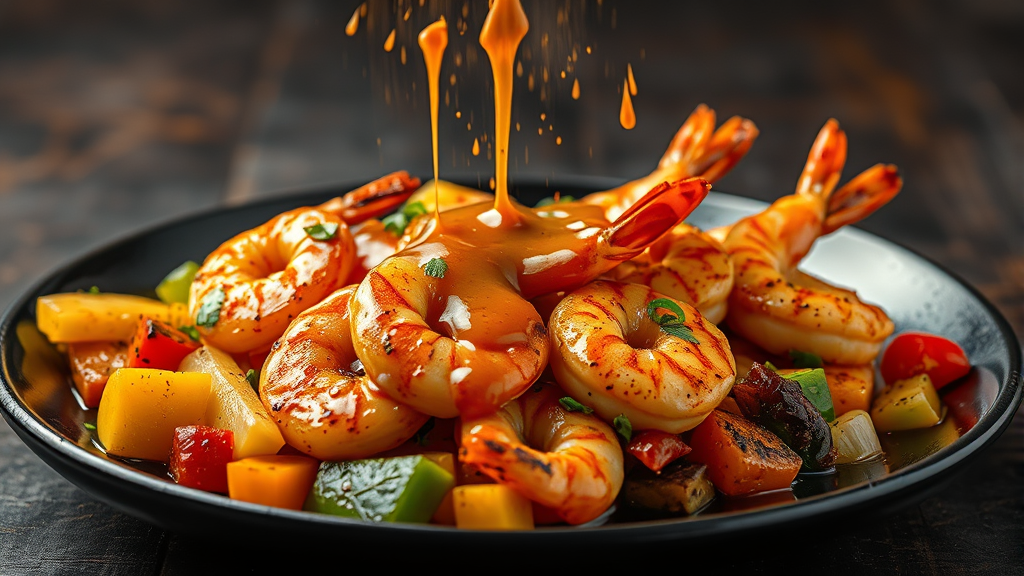 Drizzling golden yum yum sauce over grilled shrimp and vegetables on dark plate, no text no words no letters