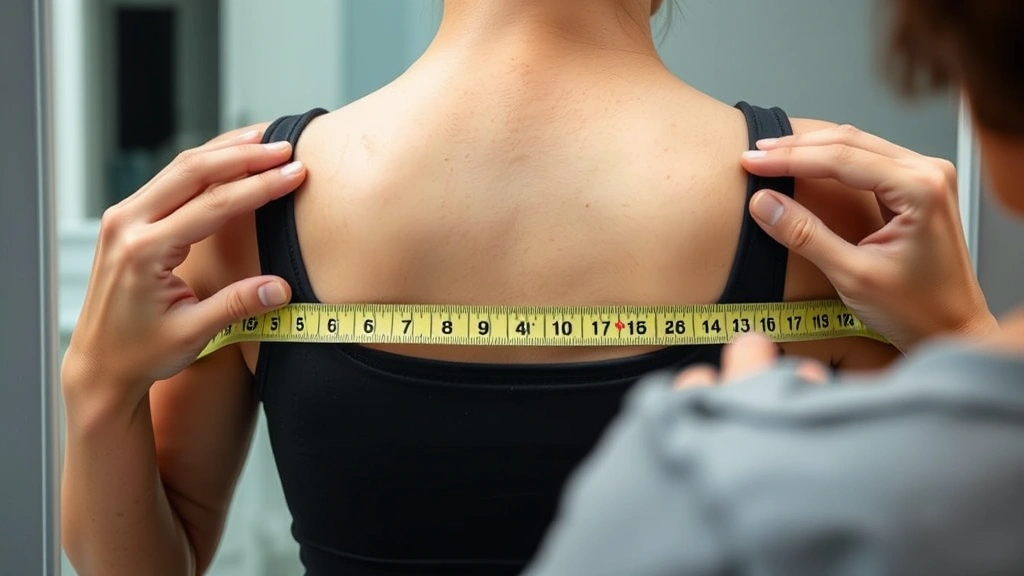 Close-up of hands positioning flexible fabric measuring tape level around upper torso, checking alignment in mirror reflection