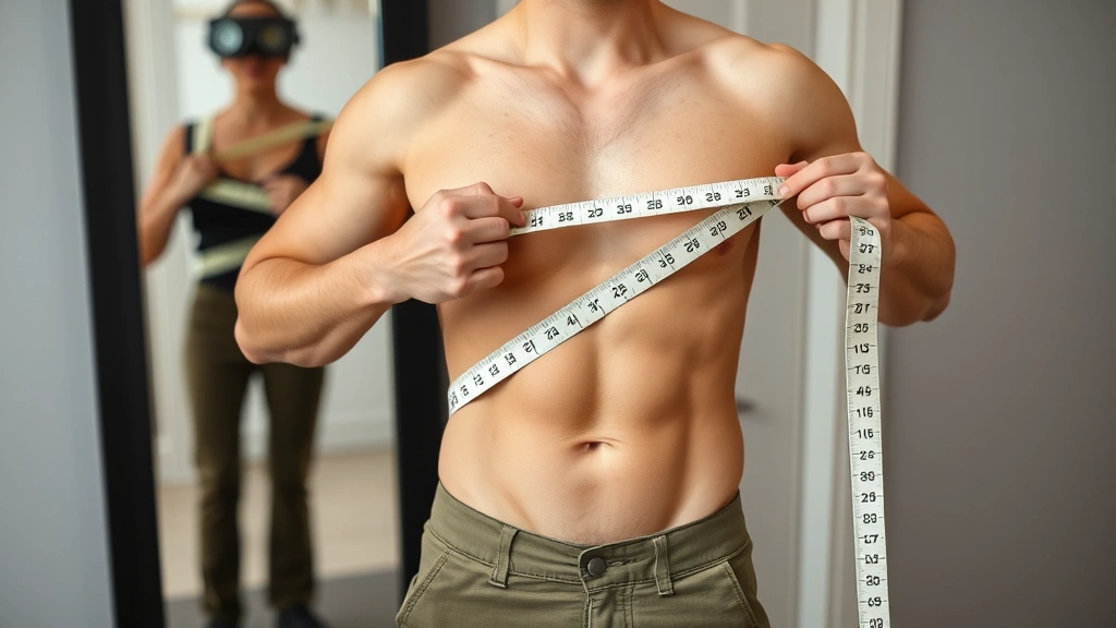 Person standing in front of full-length mirror wearing fitted clothing, holding a flexible measuring tape positioned horizontally around their chest area in proper measurement stance