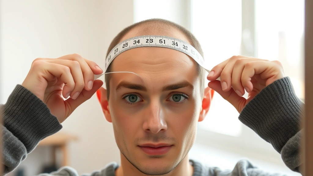 Person measuring head circumference with soft measuring tape, positioned at forehead above eyebrows, looking straight ahead in mirror, natural indoor lighting, tape wrapped horizontally around head