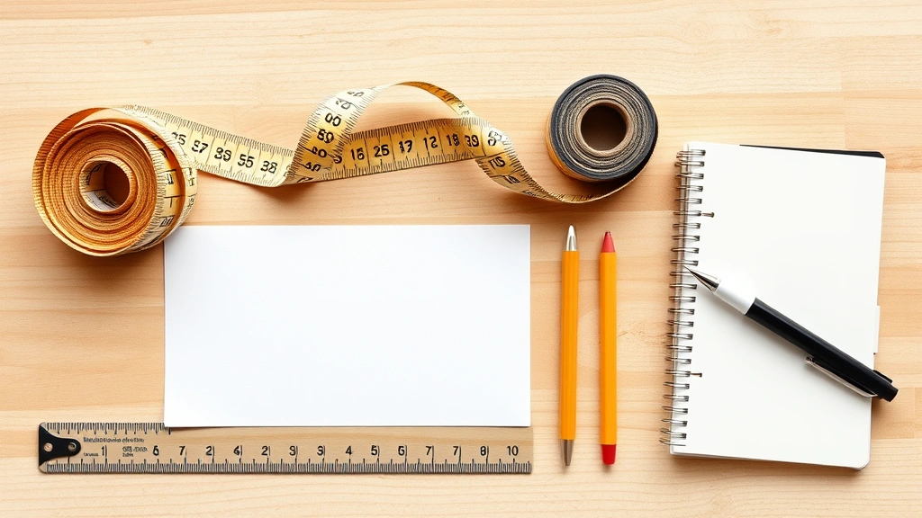 Flat lay of measuring tools including soft fabric tape measure, string, ruler, pen and notebook arranged on wooden surface with neutral background