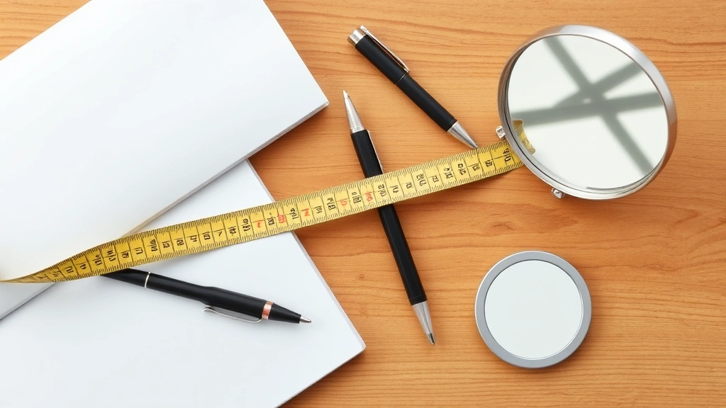 Flat lay display of measuring tape, pen, notebook, and mirror arranged on wooden surface, soft natural lighting, minimalist composition showing measurement tools