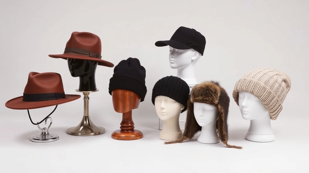 Collection of various hat styles displayed on hat stands or heads, showing fedora, baseball cap, beanie, and winter hat, neutral background, professional product photography style