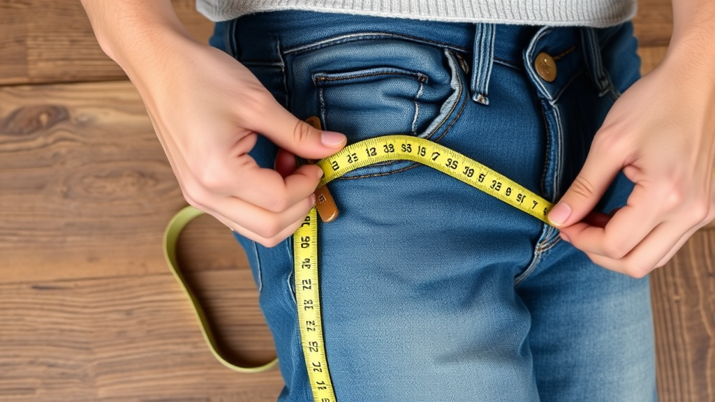 Person measuring jeans inseam with measuring tape on wooden surface no text no words no letters