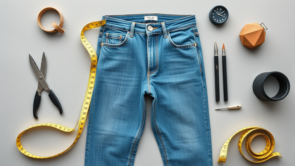 Flat lay of perfectly fitted jeans with measuring tape and tailoring tools no text no words no letters