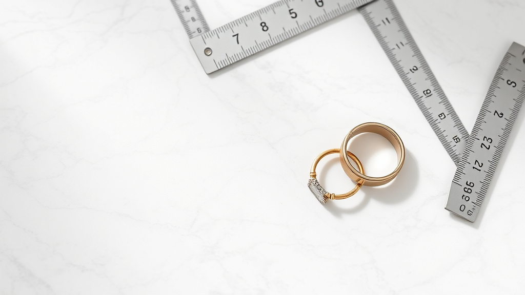 Elegant jewelry measuring tools on marble surface with rings and rulers, no text, no words, no letters