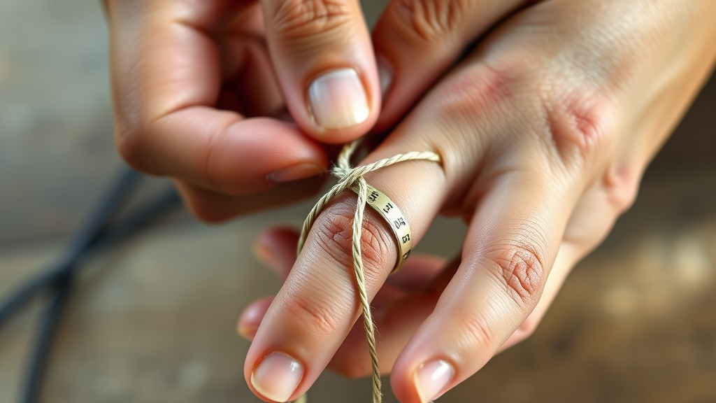 Close up hands wrapping string around finger for ring measurement, no text, no words, no letters