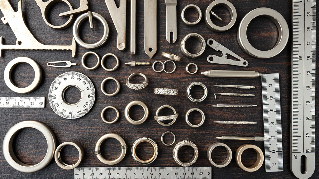 Various ring sizers and measurement tools arranged professionally, no text, no words, no letters