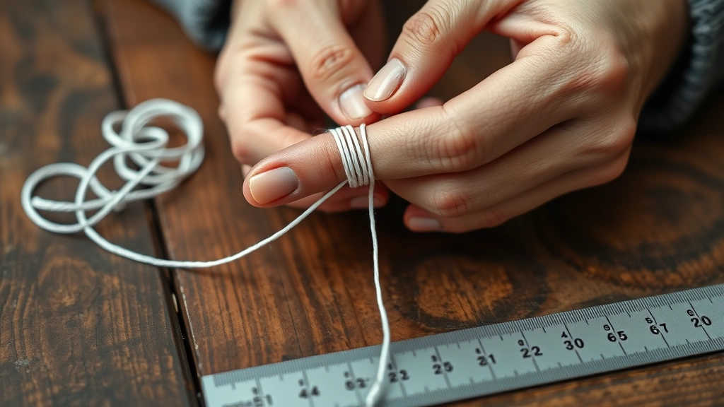 Close-up of hands wrapping white string around a finger on a wooden table with a ruler nearby, showing measurement technique