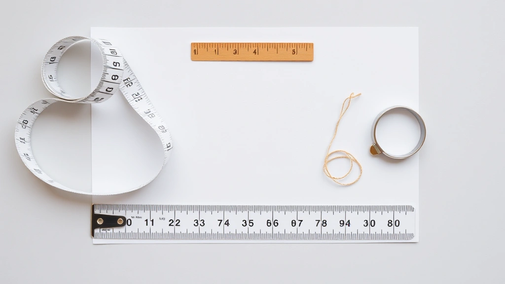 Flat lay arrangement showing a flexible measuring tape, ruler, string, and a ring placed on white paper with clear measurement markings