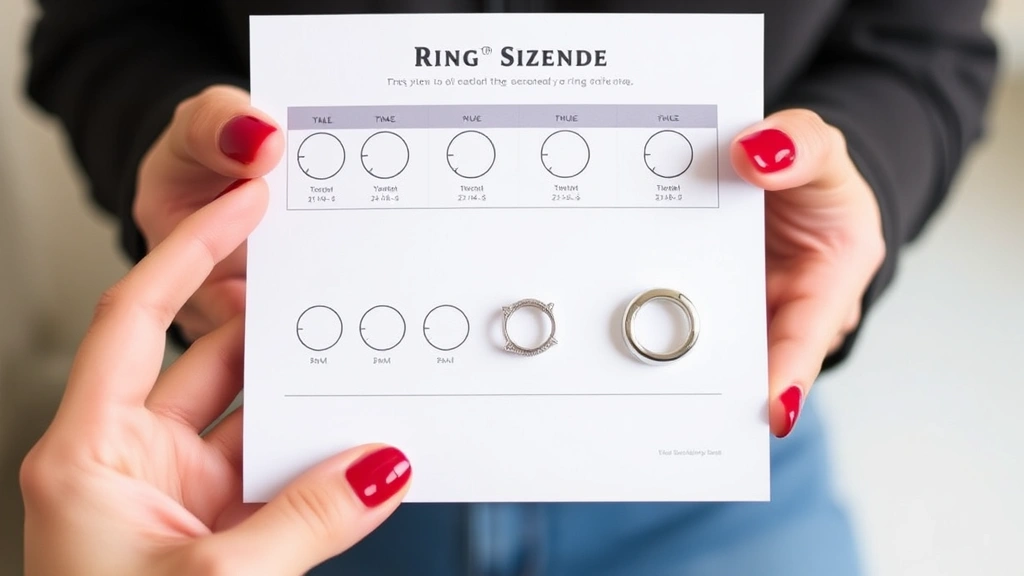 Hands holding a printable ring size guide with multiple graduated circles, comparing one circle to an actual ring on the page