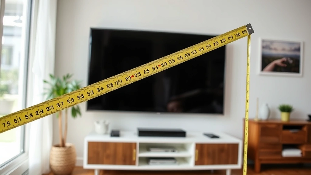 Close-up of a tape measure extending diagonally across a flat-screen television display, showing measurement technique from corner to corner, bright living room setting with natural light