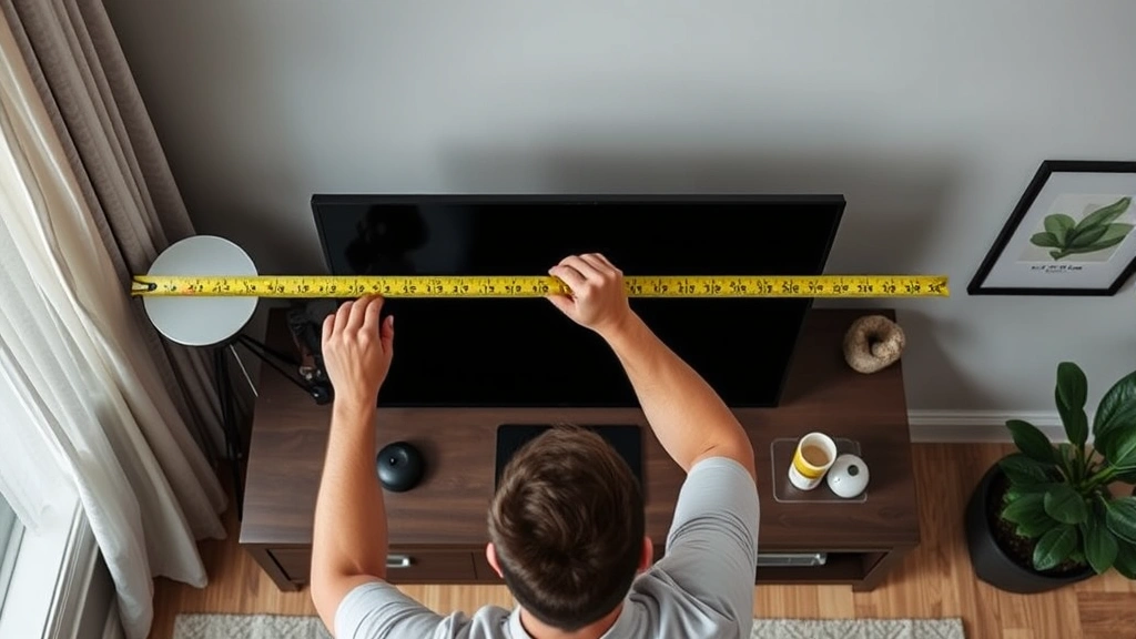 Overhead view of a person measuring a TV's width and height on an entertainment console, with measuring tape extended horizontally and vertically, modern living room decor visible