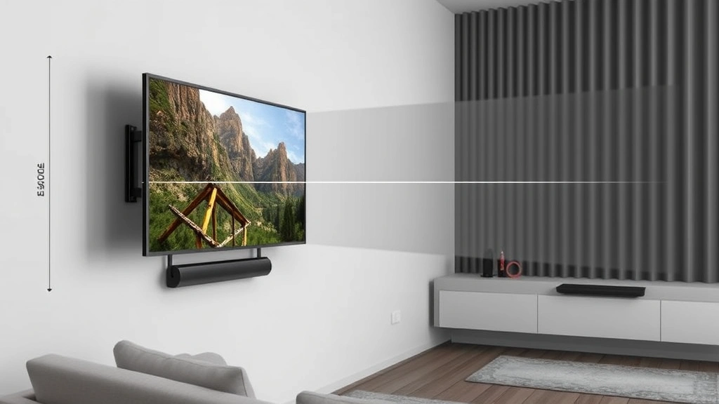 Side profile of a mounted TV on a wall with measurement markings showing viewing angle, eye-level reference line, and distance measurements from seating area in a comfortable home theater setup