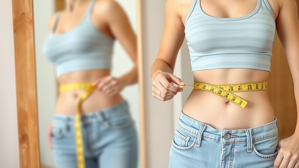 Person measuring waist with flexible tape measure in front of mirror, proper positioning, no text no words no letters