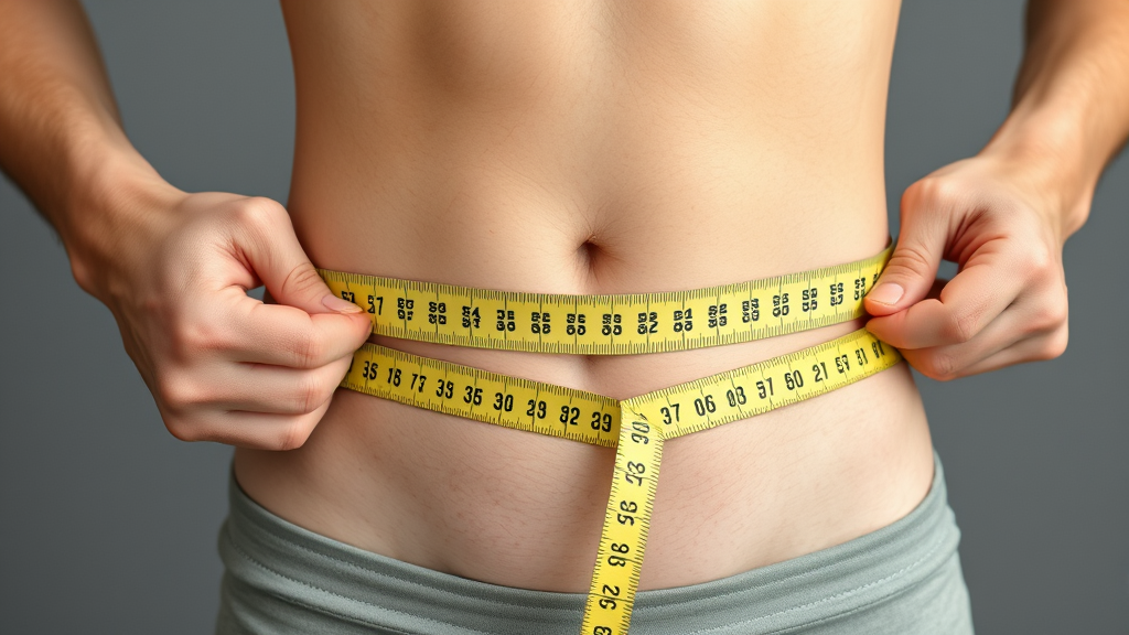 Close up hands positioning measuring tape around natural waistline, correct technique demonstration, no text no words no letters