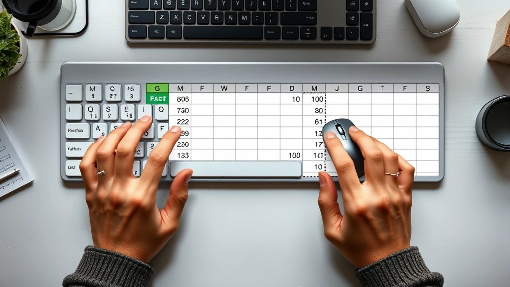Overhead view of hands using keyboard and mouse with Excel spreadsheet open, demonstrating cut and paste operation with dotted border around selected column