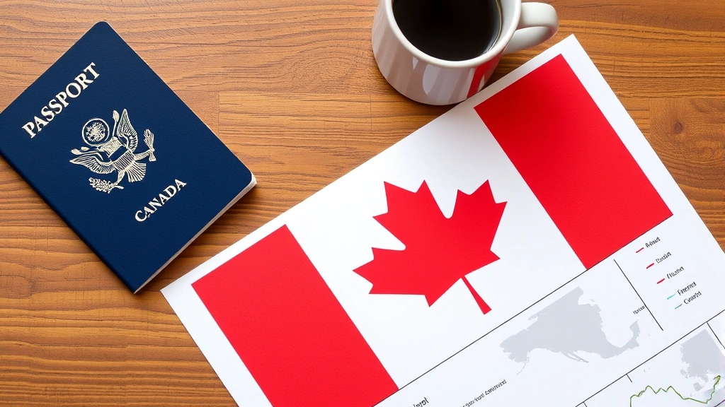 American passport and Canadian flag documents on wooden desk with coffee cup, representing international relocation preparation